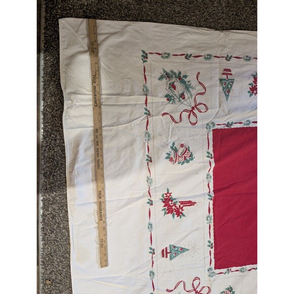 Vintage 50s Rectangle Christmas Tablecloth MCM Cotton Bells Trees  Candles *Flaw - Picture 10 of 12